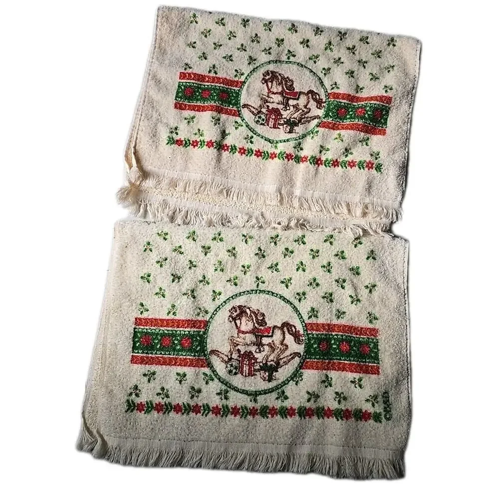 Set of 2 Vtg MCM Rocking‎ Horse Holiday Christmas USA Cotton Fringe Hand Towels